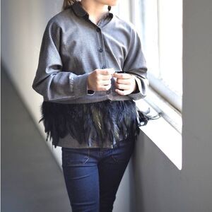 Andorine Luxury Girls Feather Trim Check Oversized Dolman Sleeve Shirt Size 12